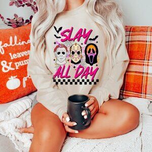 Slay All Day Halloween Horror Movie Vintage Fall Sweatshirt 81